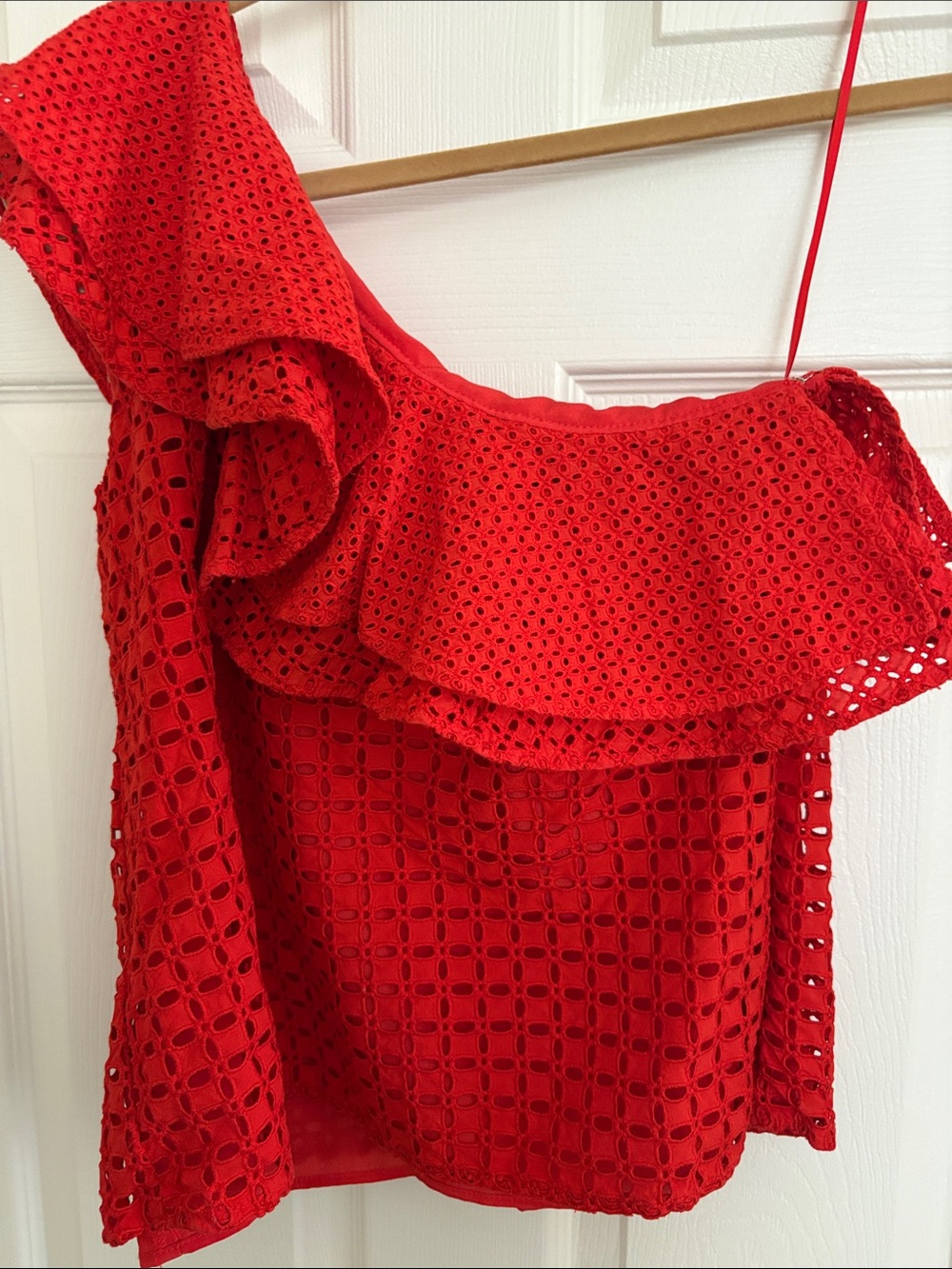 J. Crew Vibrant Red Eyelet One-Shoulder Ruffle Top